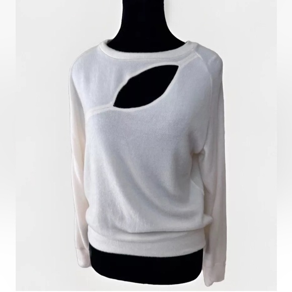 LNA Sweater Sz S Grey Cutout Top Ivory Eggnog Brushed Soft Stretchy Comfy Shirt - Picture 3 of 9